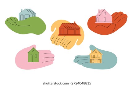 Hands holding home. Small house in a big hand, illustration, sign, print, sticker, logo. Real estate, selling, cleaning, insurance. Flat simple minimal doodle style. Tiny house, cottage concept.