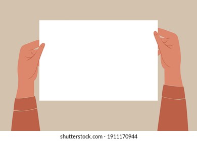 Hands holding horizontal paper. Vector illustration in flat style. 