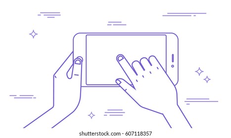 Hands holding  horizontal smartphone and pointing on the blank screen, outline, graphic design, vector illustration, background elements