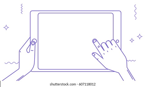 Hands holding horizontal tablet and pointing on the blank screen. outline, graphic design, vector illustration, using digital tablet, background elements