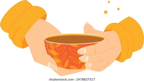 Hands holding hot beverage cup, autumn warmth concept. Person enjoying warm drink, cozy sweater sleeve, fall leaves pattern. Hands gripping cup tea coffee, comfort season illustration, isolated