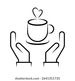 Hands Holding Hot Beverage Cup Line Art Icon. 