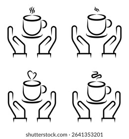 Hands Holding Hot Beverage Cup Line Art Icon set. A minimalist black and white line art icon featuring two open hands gently cradling or supporting a steaming hot beverage cup.