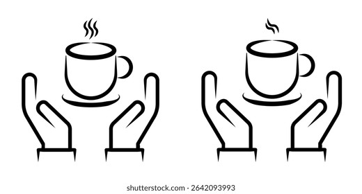 Hands Holding Hot Beverage Cup Line Art Icon set. A minimalist black and white line art icon featuring two open hands gently cradling or supporting a steaming hot beverage cup.