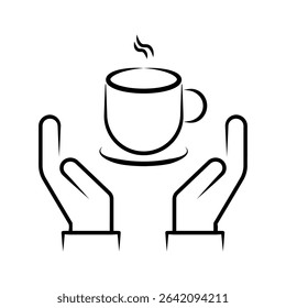 Hands Holding Hot Beverage Cup Line Art Icon.