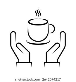 Hands Holding Hot Beverage Cup Line Art Icon. A minimalist black and white line art icon featuring two open hands gently cradling or supporting a steaming hot beverage cup.