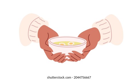 Hands holding hot chamomile tea bowl. Herbal camomile beverage with flowers in cup. Woman in sweater warming palms with teacup. Teatime concept. Flat vector illustration isolated on white background