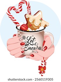 Hands Holding Hot Chocolate Mug with Candy Cane Keychain and Festive Nail Art. Marshmallows, Star Shaped Gingerbread Cookie, Marzipan Bauble, and Candy Canes Heart. Let It Snow, Festive Mug Vector Art