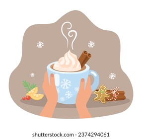 Hands holding hot cocoa cup vector illustration. Homemade dessert drink with cinnamon and cookies for warming up at home in cold weather. Food, beverage, winter holidays concept