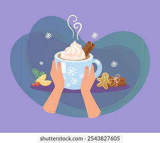 Hands holding hot cocoa cup vector illustration. Homemade dessert drink with cinnamon and cookies for warming up at home in cold weather. Food, beverage, winter holidays concept