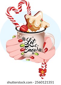 Hands Holding Hot Cocoa Mug with Hanging Candy Cane Charm. Gingerbread Cookie, Marshmallows, Marzipan Bauble and Candy Cane Heart Toppings. Festive Dessert Digital Art 