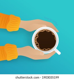 Hands holding hot coffee cup. Top view of female hands grasping ceramic cup of aroma beverage. Coffee break, relaxing, coffee shop concept flat vector illustration