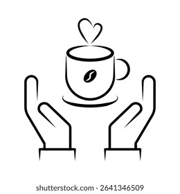 Hands Holding Hot Coffee Cup Line Art Icon with Steam and Coffee Bean. A minimalist black and white line art icon depicting two open hands cradling or supporting a steaming hot coffee cup.