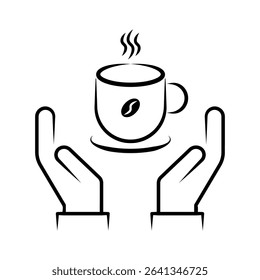Hands Holding Hot Coffee Cup Line Art Icon with Steam and Coffee Bean.