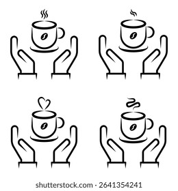 Hands Holding Hot Coffee Cup Line Art Icon with Steam and Coffee Bean.