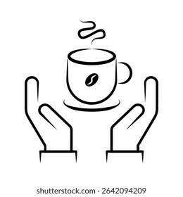 Hands Holding Hot Coffee Cup Line Art Icon with Steam and Coffee Bean. A minimalist black and white line art icon depicting two open hands cradling or supporting a steaming hot coffee cup.
