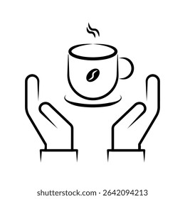 Hands Holding Hot Coffee Cup Line Art Icon with Steam and Coffee Bean.