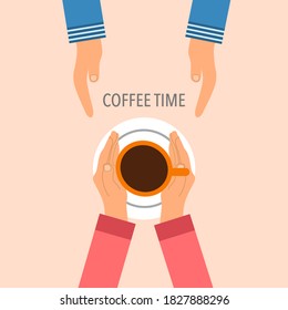 Hands holding hot coffee in flat design. Coffee time or coffee break concept vector illustration. Avoid sleepy at workplace.