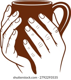 Hands Holding Hot Coffee Mug Vector, Two Hands Warming on Ceramic Cup Line Ar