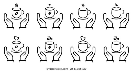 Hands Holding Hot Coffee and Tea Cups Line Art Icon Set. vector illustration.