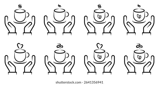 Hands Holding Hot Coffee and Tea Cups Line Art Icon Set. A comprehensive set of eight minimalist line art icons featuring two open hands gently cradling or supporting a steaming hot beverage cup.
