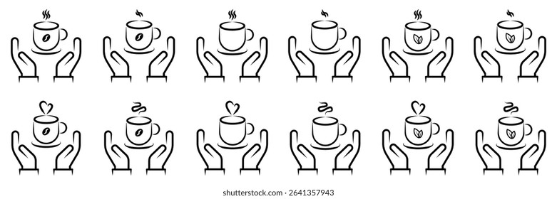 Hands Holding Hot Coffee and Tea Cups Line Art Icon Set. 