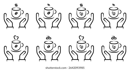 Hands Holding Hot Coffee and Tea Cups Line Art Icon Set. A comprehensive set of eight minimalist line art icons featuring two open hands gently cradling or supporting a steaming hot beverage cup.