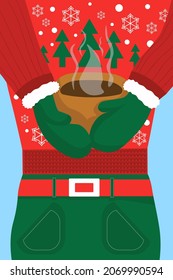 Hands holding a hot drink . Christmas illustration . The mood of the holiday . Elegant red jacket with snowflakes , Christmas trees . Green mittens . vector blank for a postcard