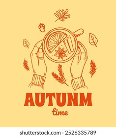Hands holding hot drink, mulled wine, tea, autumn monochrome sketch, hand drawn vector illustration 