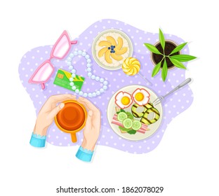 Hands Holding Hot Tea Cup Above View on Table Setting Vector Illustration