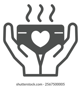 Hands holding hot tea cup solid icon, family psychology concept. Vector graphics. Ceramic cup with heart in hands sign on white background, glyph style icon for mobile or web design