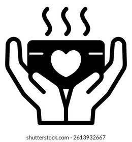 Hands holding hot tea cup solid icon, family psychology concept. Vector graphics. Ceramic cup with heart in hands, drink sign on white background, glyph style mobile or design