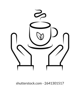 Hands Holding Hot Tea Cup Line Art Icon with Steam and Leaf. A minimalist black and white line art icon depicting two open hands cradling or supporting a steaming hot beverage cup.