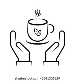 Hands Holding Hot Tea Cup Line Art Icon with Steam and Leaf. A minimalist black and white line art icon depicting two open hands cradling or supporting a steaming hot beverage cup. vector illustration