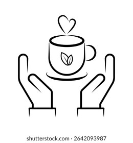 Hands Holding Hot Tea Cup Line Art Icon with Steam and Leaf. A minimalist black and white line art icon depicting two open hands cradling or supporting a steaming hot beverage cup.