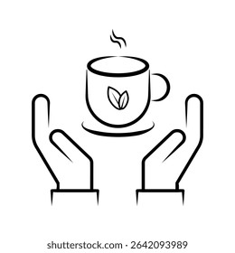 Hands Holding Hot Tea Cup Line Art Icon with Steam and Leaf. A minimalist black and white line art icon depicting two open hands cradling or supporting a steaming hot beverage cup. vector illustration