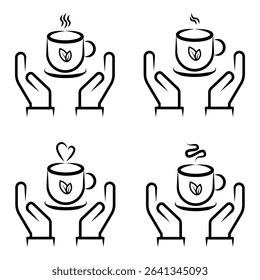 Hands Holding Hot Tea Cups Line Art Icon Set with Steam and Leaf. A set of four minimalist black and white line art icons depicting two open hands cradling or supporting a steaming hot beverage cup.