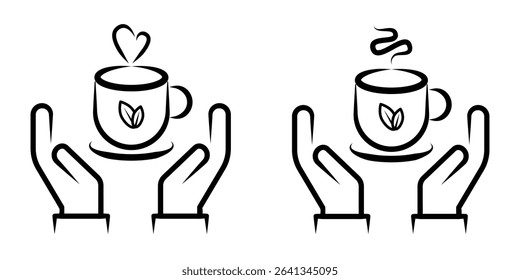 Hands Holding Hot Tea Cups Line Art Icon Set with Steam and Leaf.