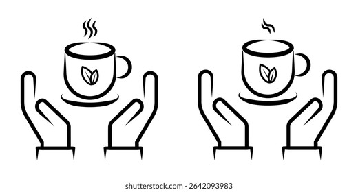 Hands Holding Hot Tea Cups Line Art Icon Set with Steam and Leaf. A set of four minimalist black and white line art icons depicting two open hands cradling or supporting a steaming hot beverage cup.