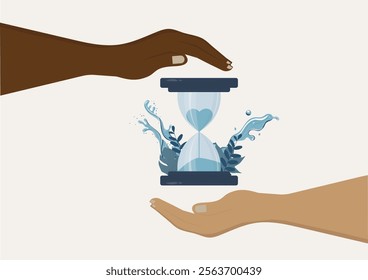 Hands Holding Hourglass with Heart Symbol. diverse hands holding an hourglass with water splashes, leafy elements, and a heart symbol, symbolizing unity, sustainability and water conservation. Vector