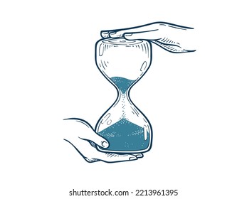 Hands holding hourglass sketch illustration sand glass timer drawing vector