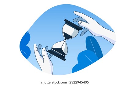 Hands holding an hourglass. Time management and planning concept. Modern flat style. Vector illustration