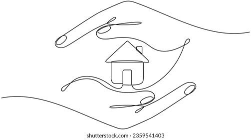 Hands holding house continuous line drawn. Real estate protection concept. Vector illustration isolated on white.