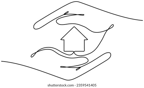 Hands holding house continuous line drawn. Real estate protection concept. Vector illustration isolated on white.