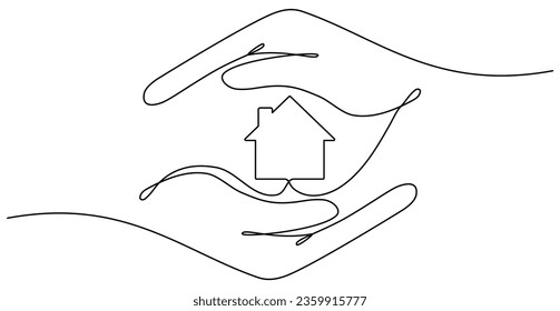 Manos sosteniendo la línea continua trazada. Concepto de protección inmobiliaria. Ilustración vectorial aislada en blanco.