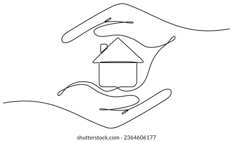 Hands holding house continuous line drawn. Real estate protection concept. Vector illustration isolated on white.