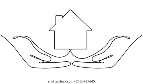 Hands holding house continuous line drawn. Real estate protection concept. Vector illustration isolated on white background.
