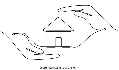 Hands holding house continuous line drawn. Real estate protection concept. Vector illustration isolated on white background.