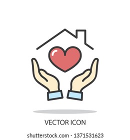 Hands holding house with heart icon, line sign on white background - editable stroke vector illustration eps10