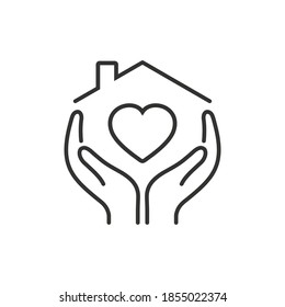 Hands holding house with heart icon in line style, health care on white background on white background, care and charity business concept